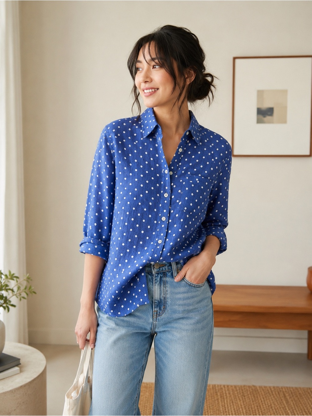 J. Crew Blue Polka Dot 100% Linen Botton Down Shirt